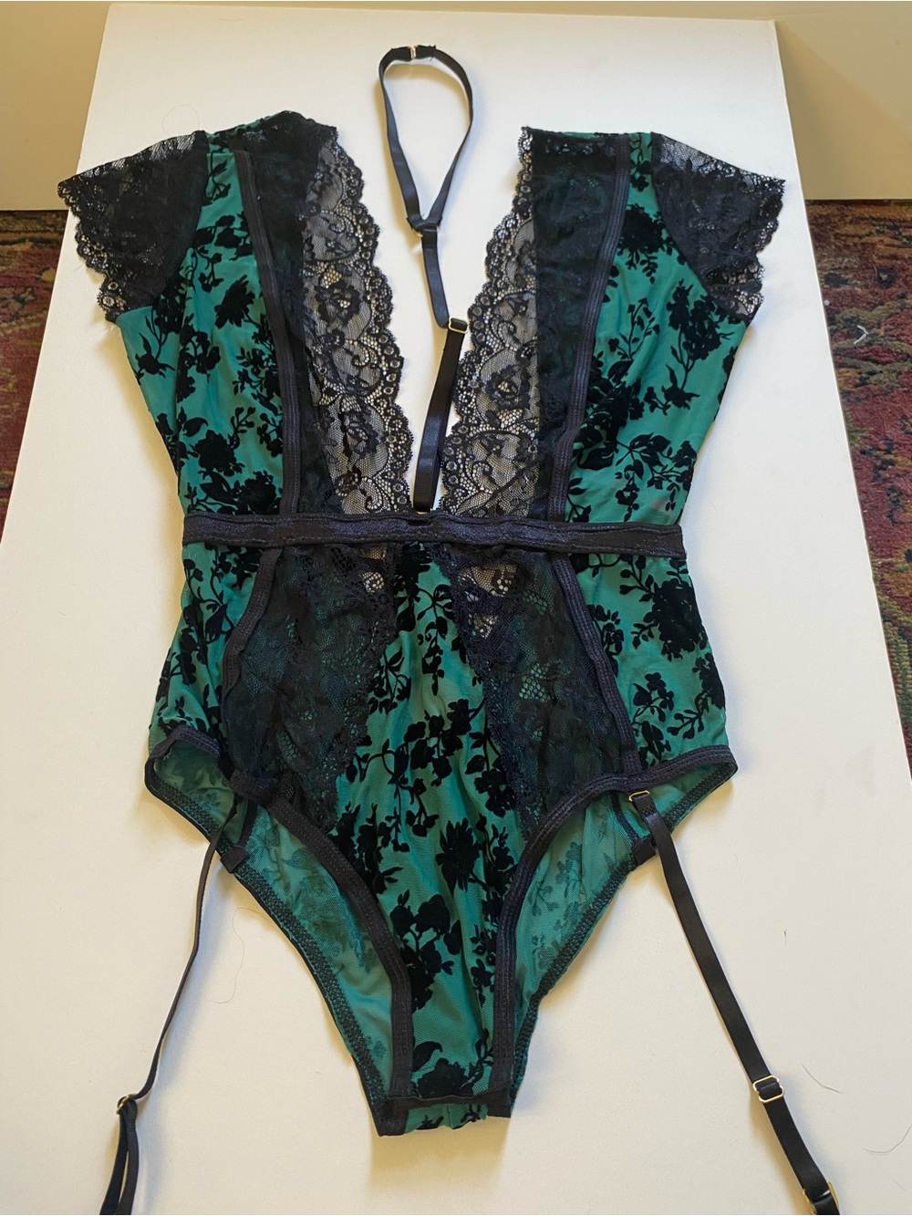 Seven Til Midnight Teal Black Floral Lace Teddy Bodysuit Size M